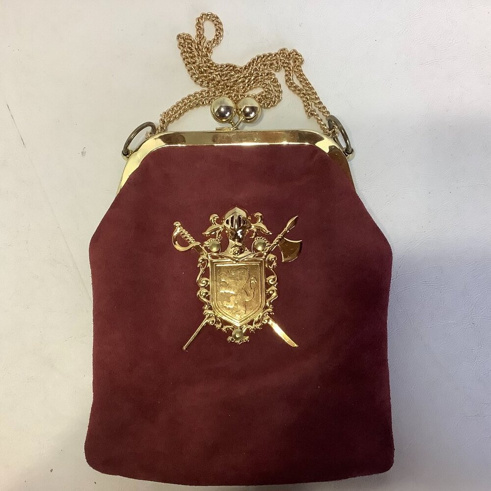 Vintage Knights Crest Coat of Arms Coin Purse Bag Suede Brown 9.5" x 8"